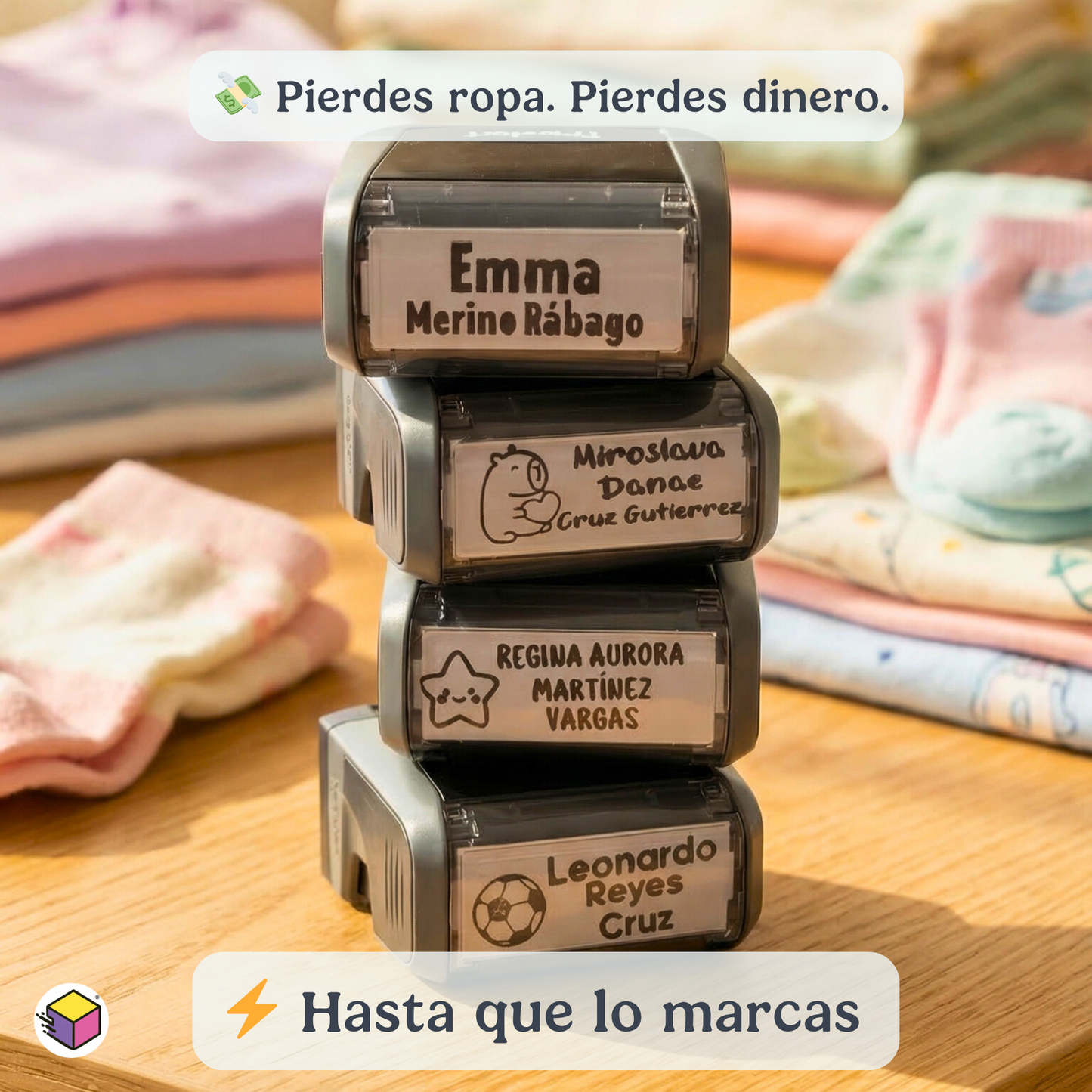 Sello para ropa Trodat aplicando nombre en prenda infantil