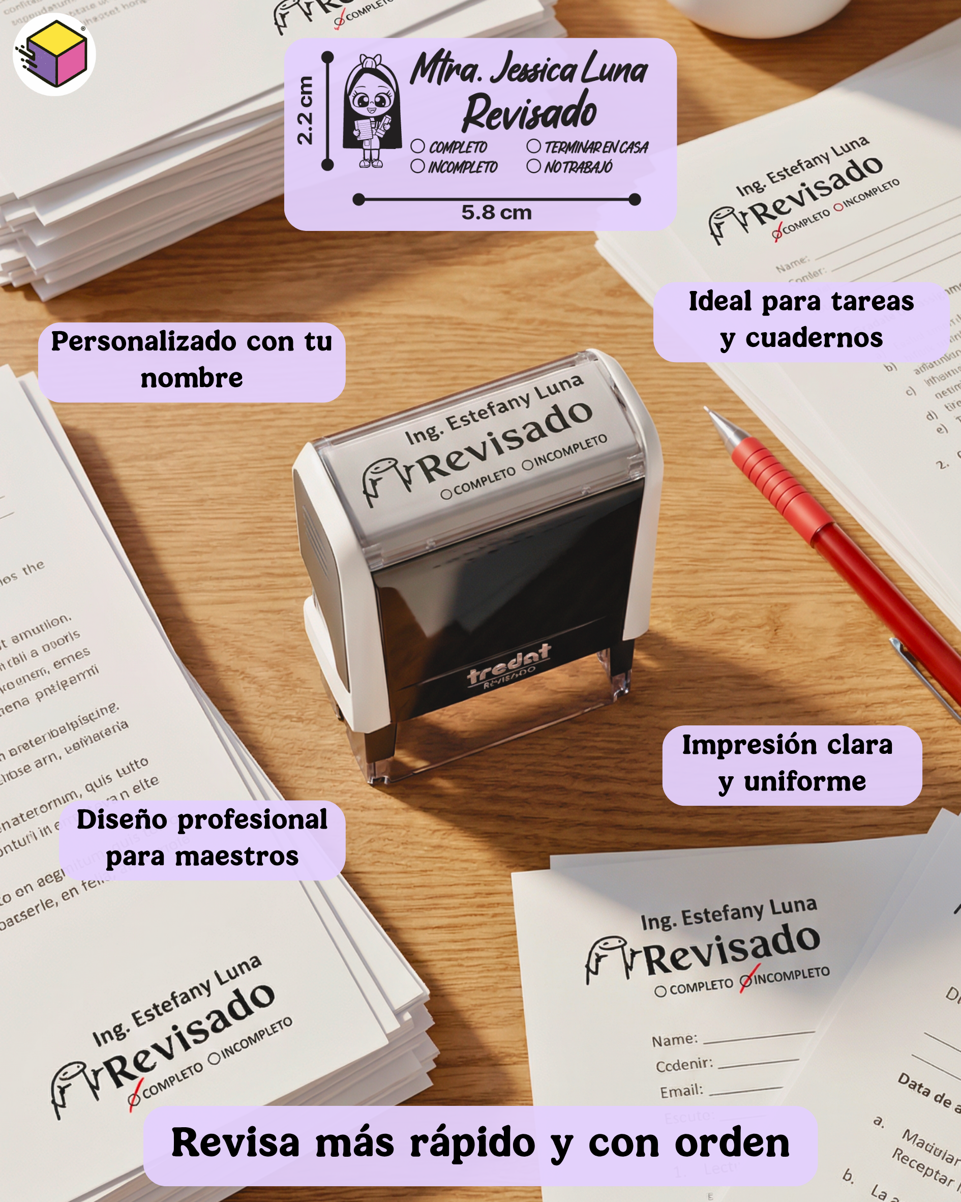 Infografía con beneficios y características del sello personalizado para maestros.