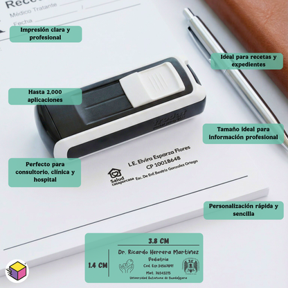 Infografía del funcionamiento del sello médico portátil personalizado Trodat para recetas y expedientes.