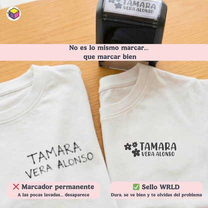 “Etiquetas termoadhesivas personalizadas para ropa con nombres infantiles y aplicación sobre prendas.”