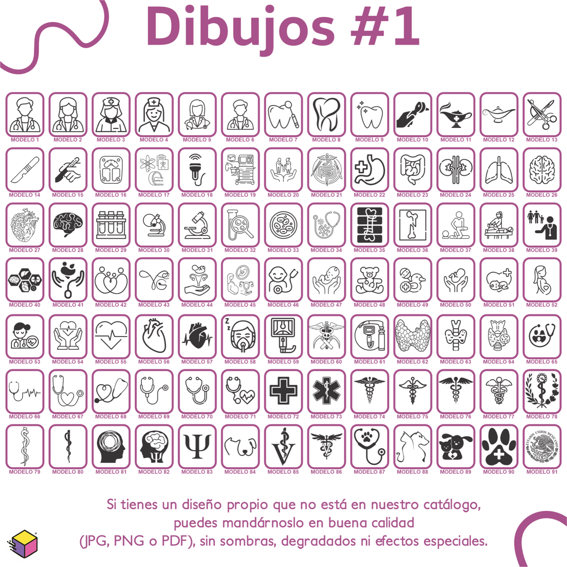 Catálogo de dibujos e íconos médicos para personalizar sello profesional de salud.