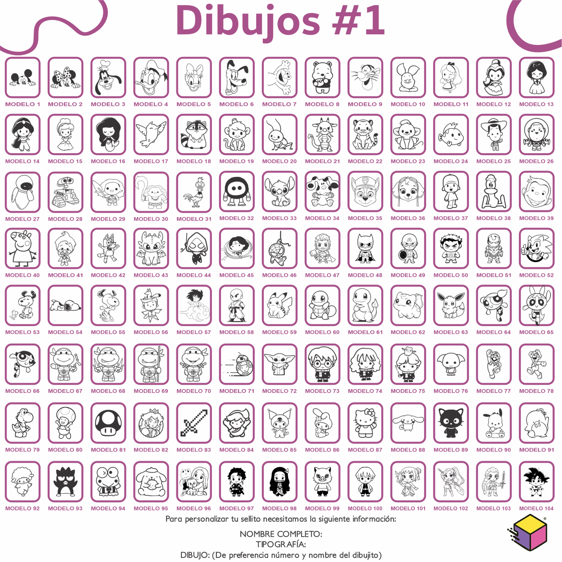 “Catálogo de dibujos y personajes para personalizar sello para ropa WRLD.”