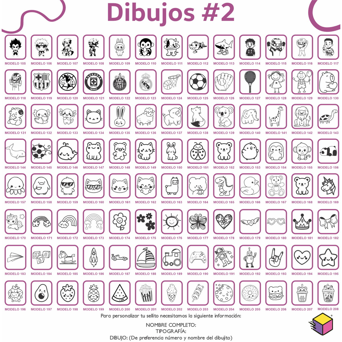 “Opciones de dibujos infantiles para personalizar sello marcador de ropa.”