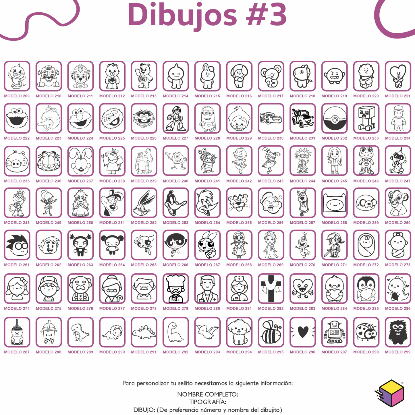 “Diseños y dibujos disponibles para personalización de sello para ropa escolar.”