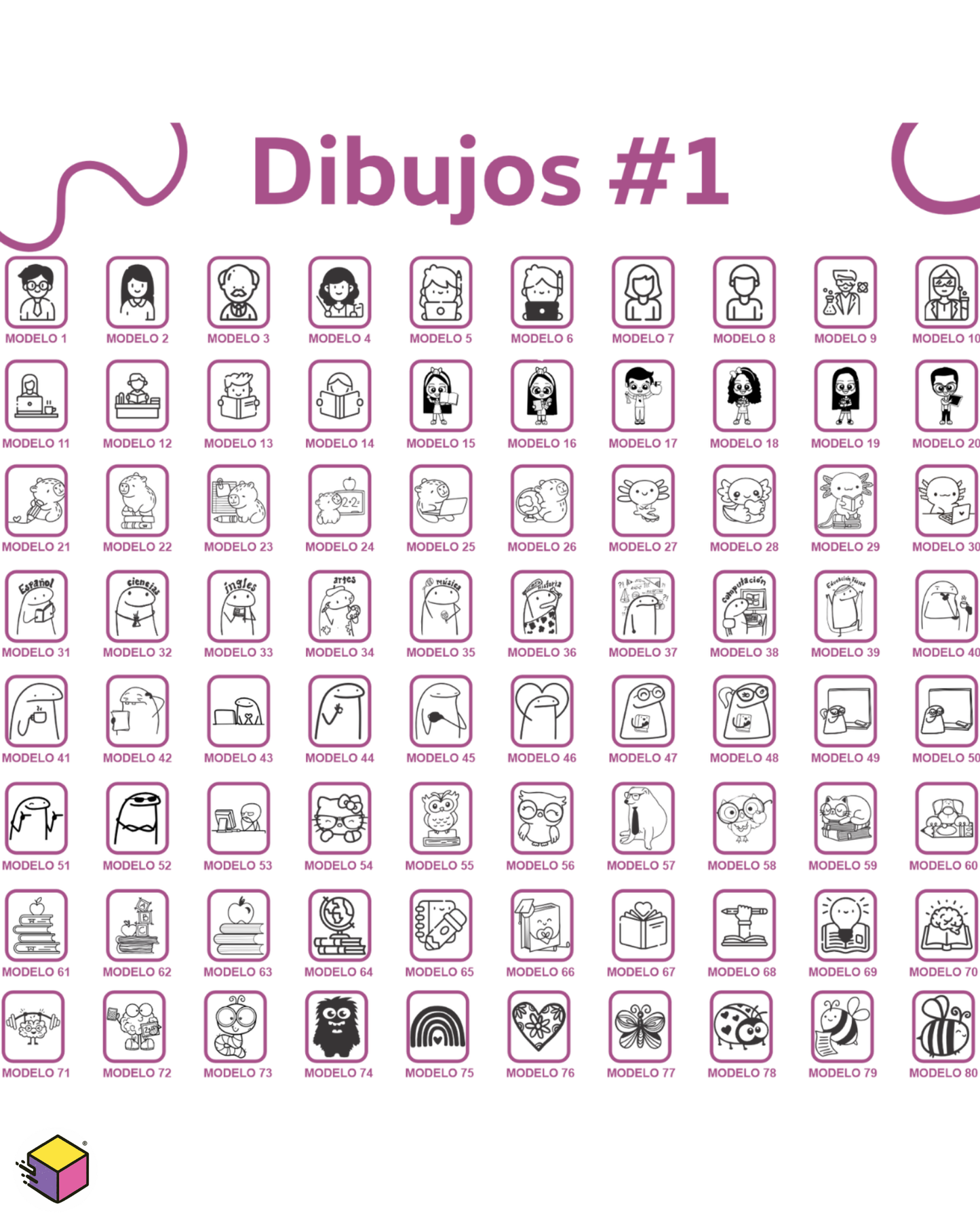 Catálogo de dibujos e íconos para personalizar sello escolar para maestros.