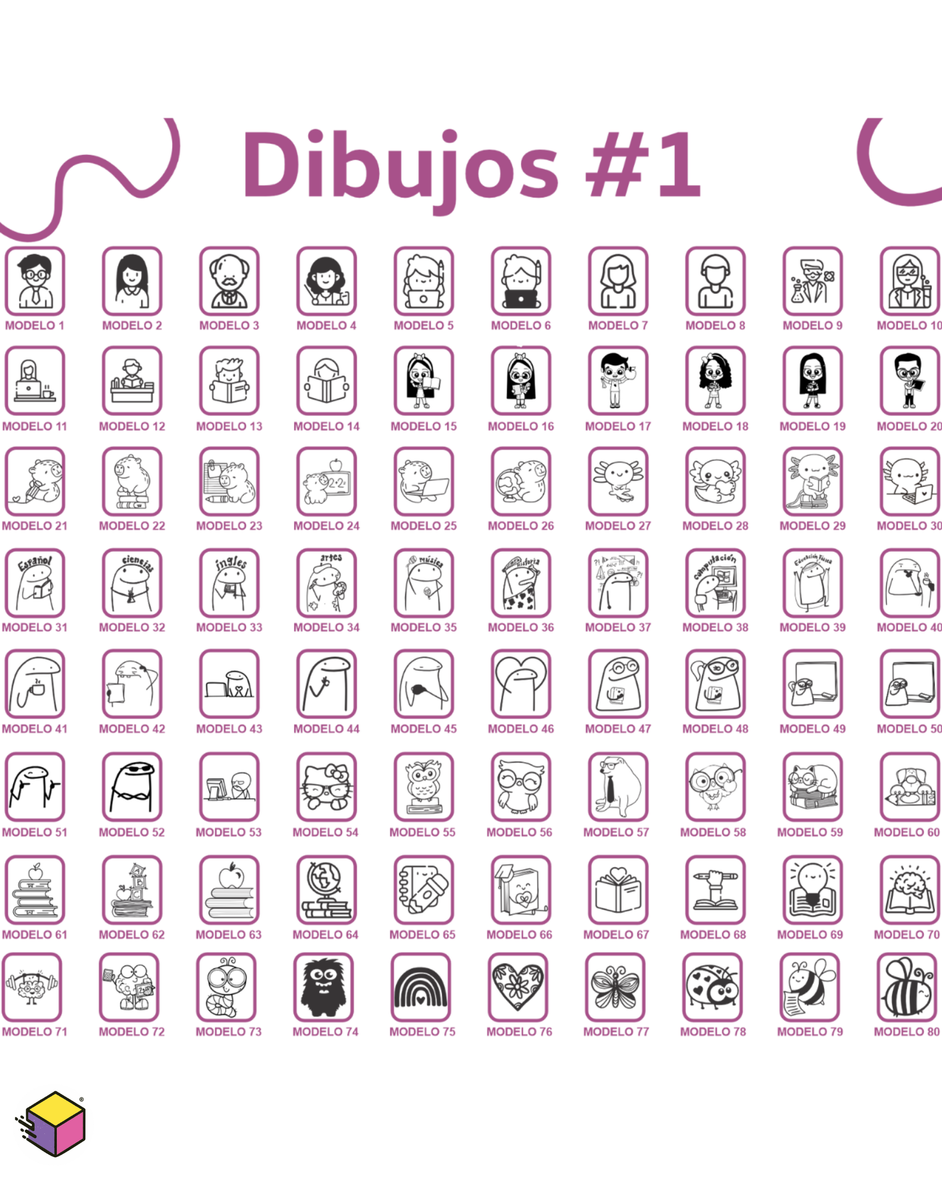 Catálogo de dibujos e íconos para personalizar sello escolar para maestros.