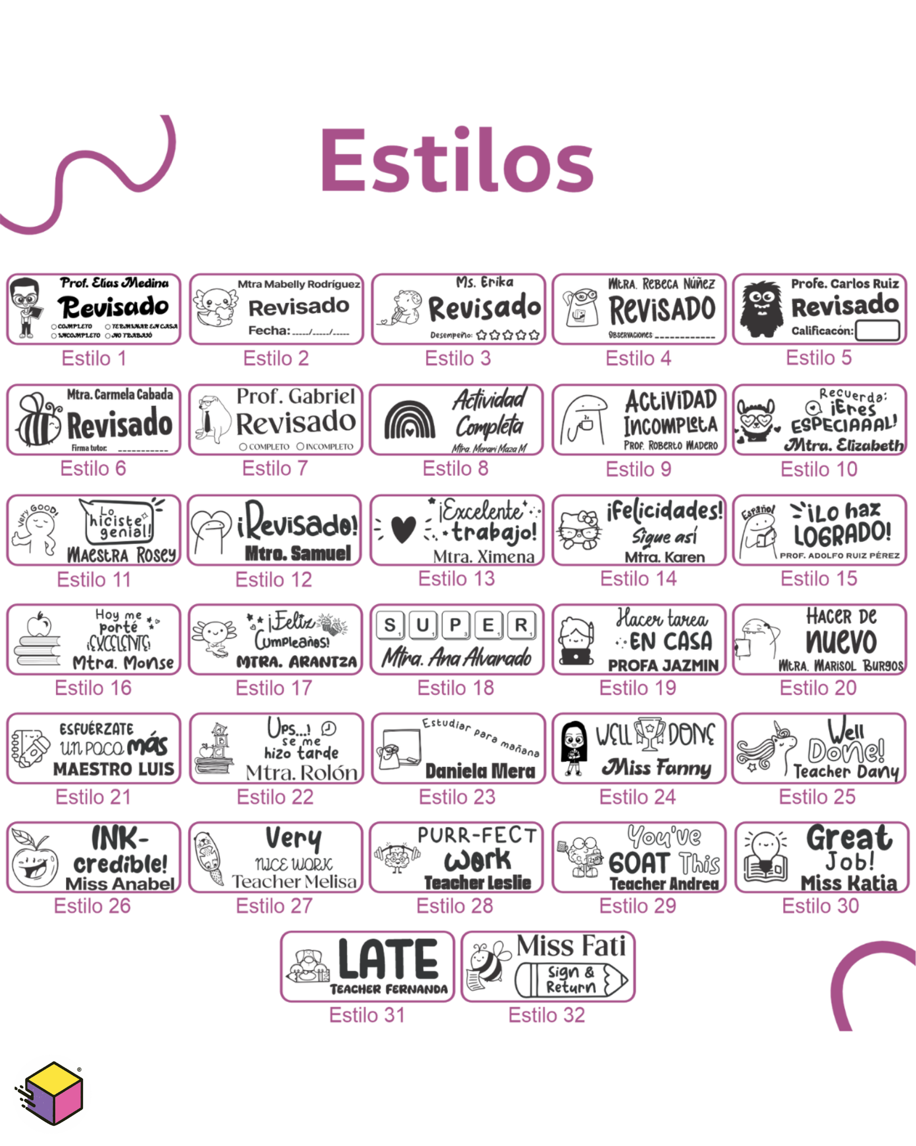 Diferentes estilos y distribuciones para sello personalizado de maestros.