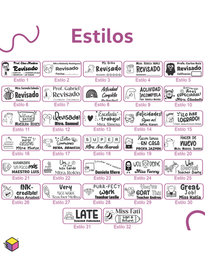 Diferentes estilos y distribuciones para sello personalizado de maestros.