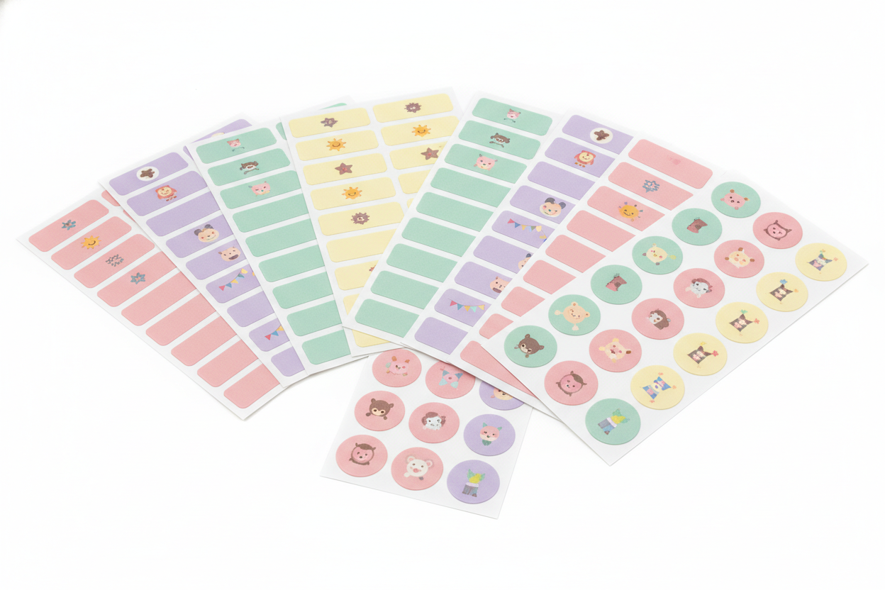 Imagen realista tipo e-commerce de hojas de etiquetas coloridas con nombres impresos. Etiquetas rectangulares y redondas con íconos infantiles y banderas pequeñas. Tonos pastel (rosa, menta, lavanda, amarillo), fondo blanco, luz natural, estilo limpio y realista sin texto ilegible.