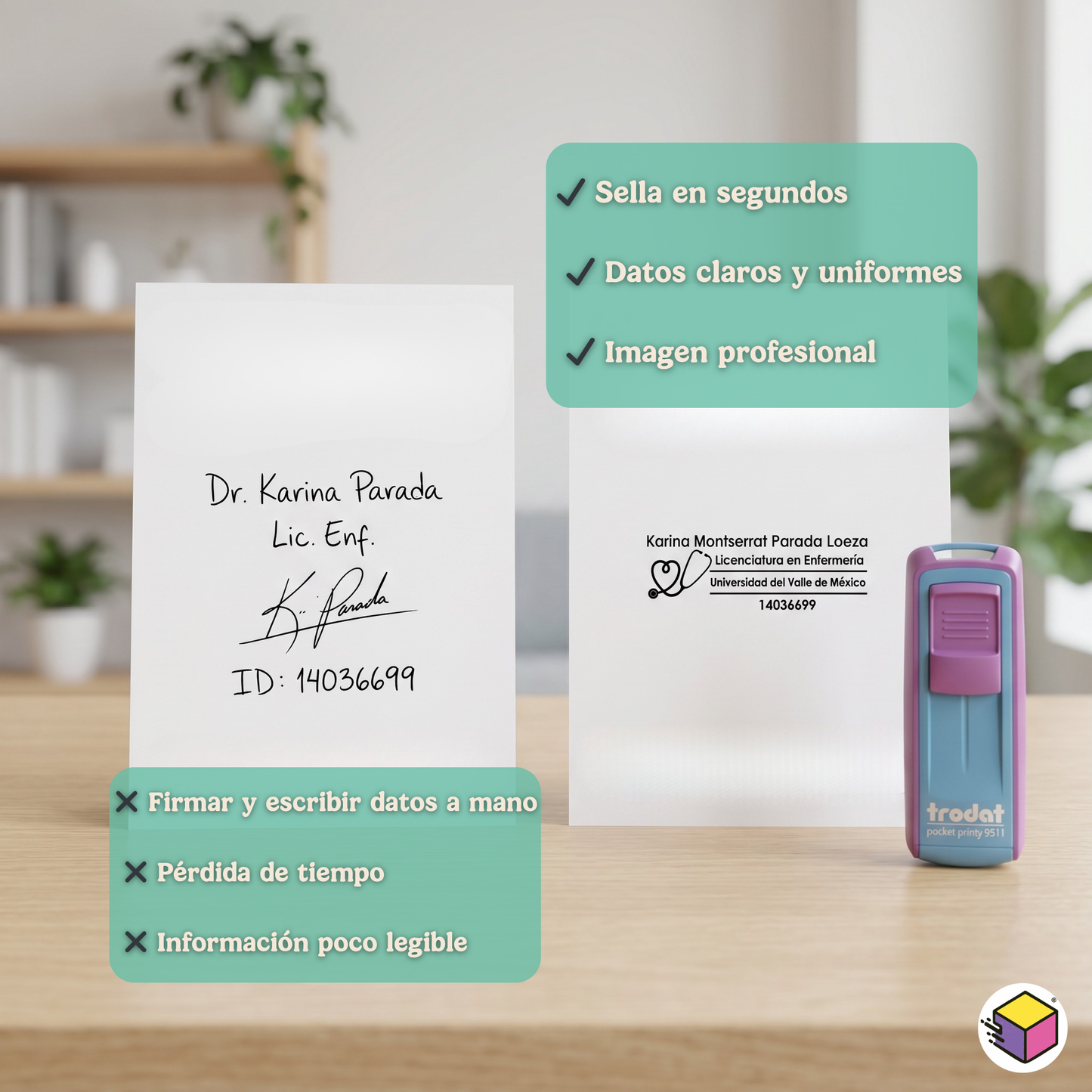 Kit de sello médico personalizado con tinta y aplicaciones en recetas médicas y documentos clínicos