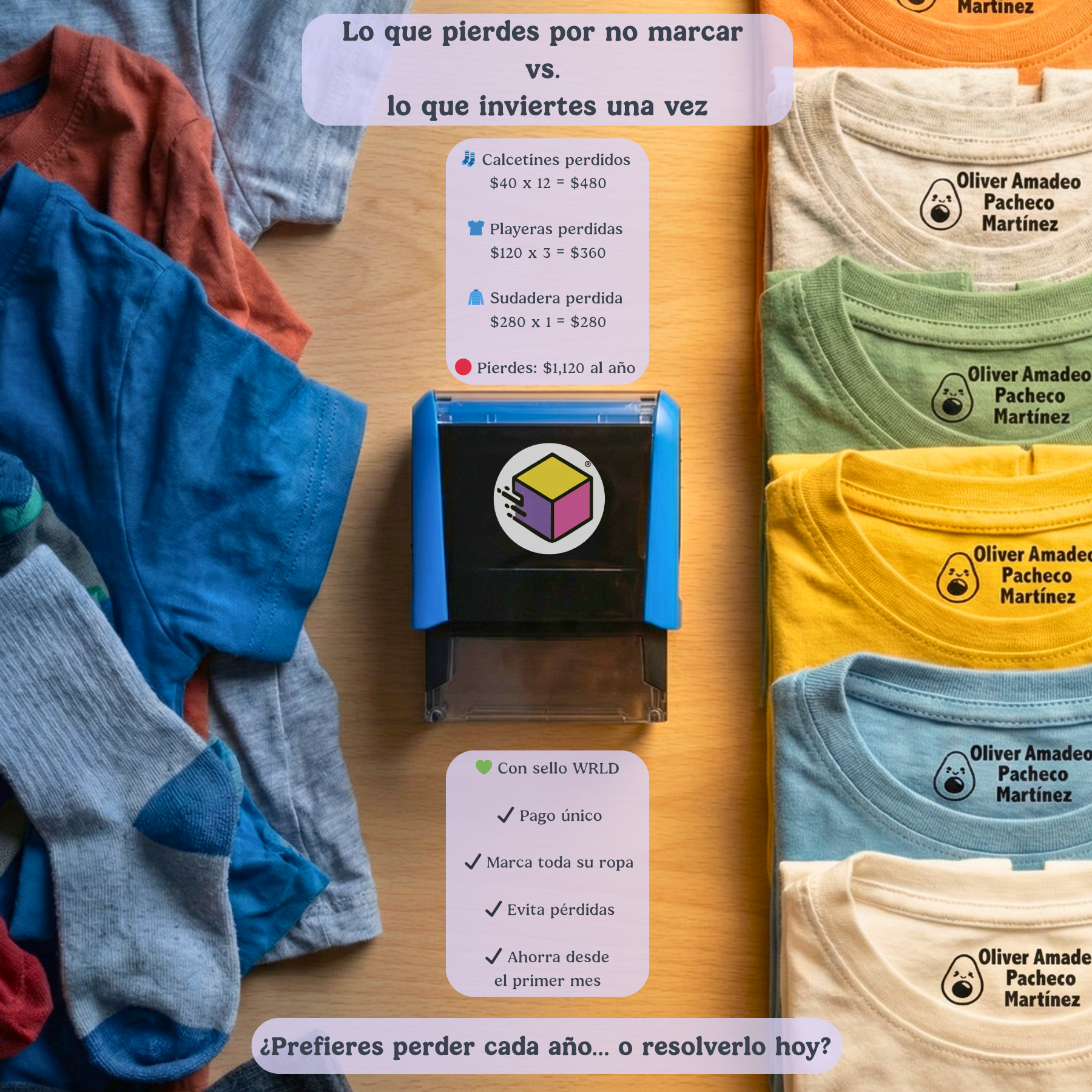 “Ropa infantil marcada con sello personalizado para identificar prendas escolares y de guardería.”