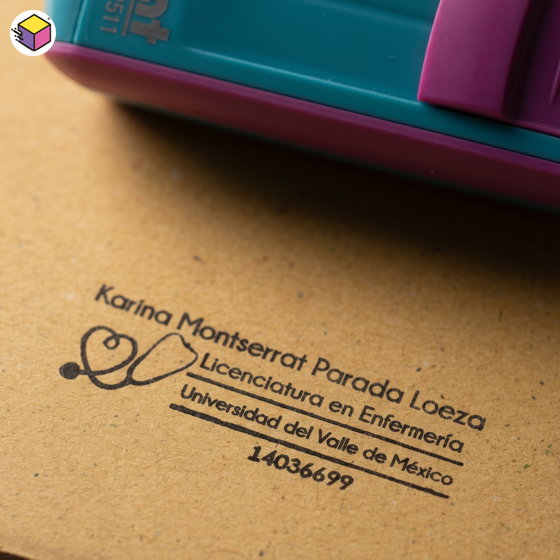 Sello personalizado para enfermería con nombre, universidad y número profesional impreso sobre papel kraft