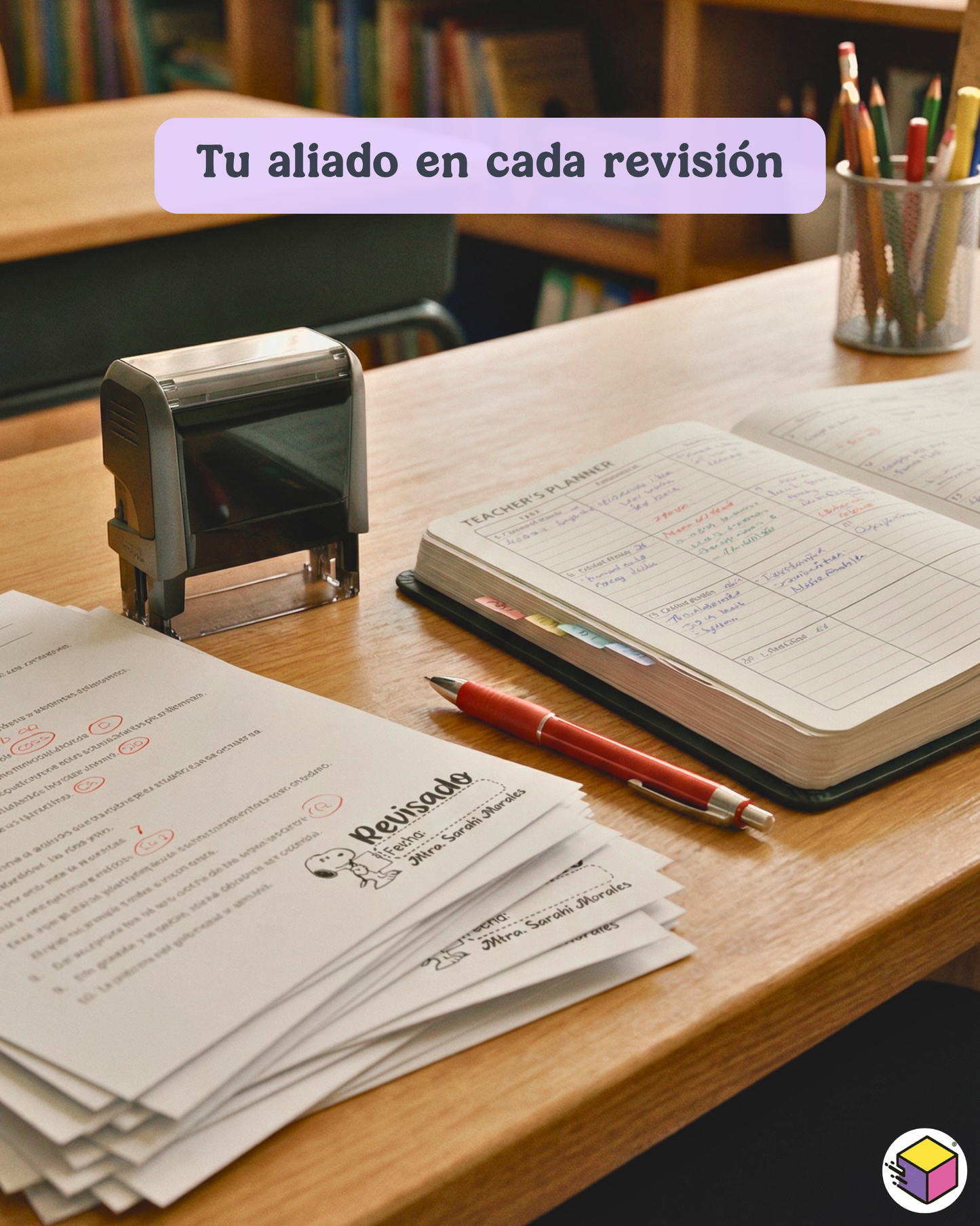 Sello para maestros personalizado con nombre y diseño aplicado en actividades escolares.