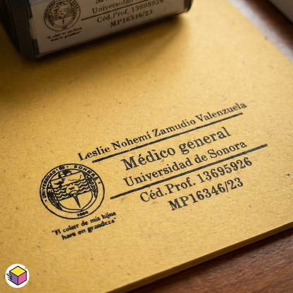 Sello médico personalizado con logo universitario, nombre y cédula profesional sobre papel kraft.