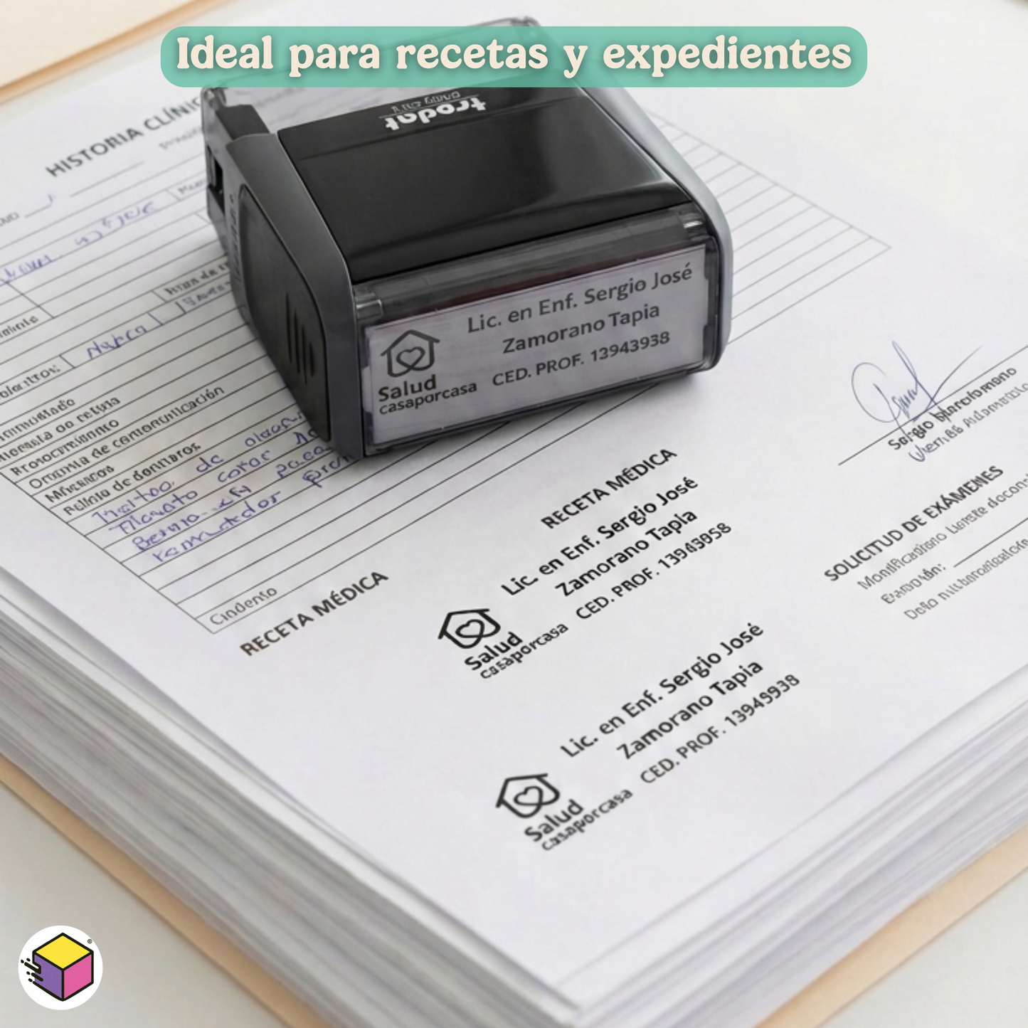 Sello médico portátil Trodat personalizado con diseño compacto y práctico para consultorio.