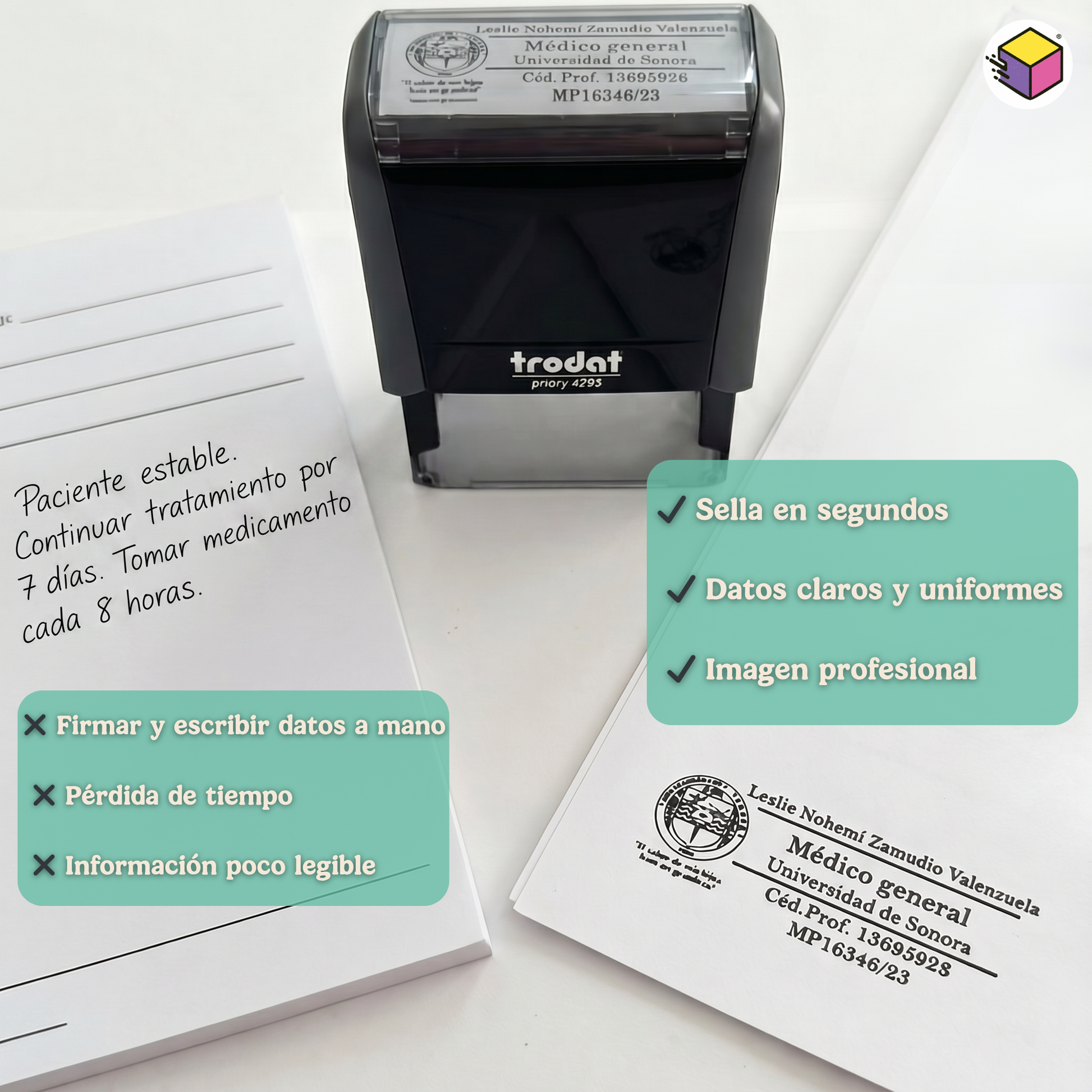 Sello médico personalizado utilizado sobre recetas médicas y expedientes clínicos.