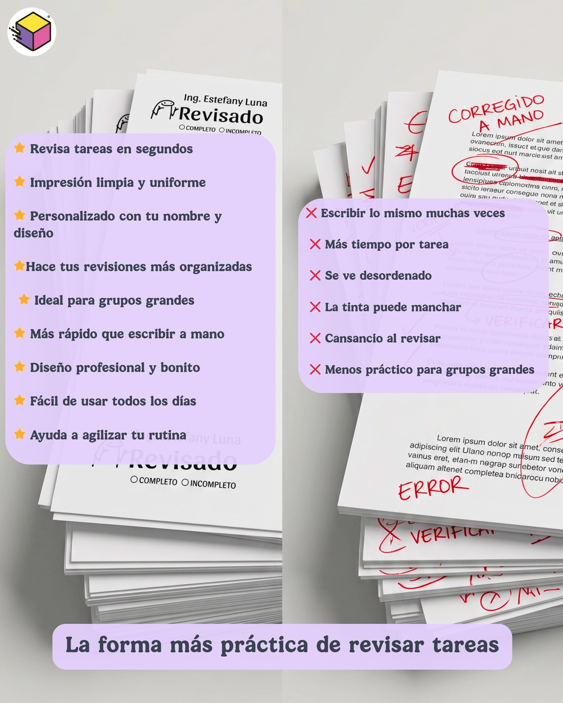 Sello personalizado para revisar tareas y calificar trabajos escolares de forma rápida.