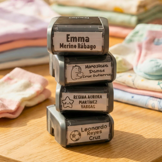 “Sello personalizado para ropa infantil con nombres estampados sobre prendas de bebé.”