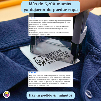 “Persona usando sello personalizado para marcar ropa de manera rápida y sencilla.”