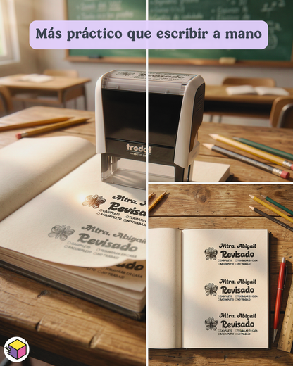 Sellos personalizados para maestros con diferentes diseños y textos escolares.