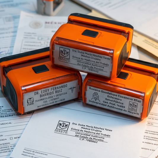 Sellos médicos personalizados Trodat en color naranja para doctores y profesionales de la salud.