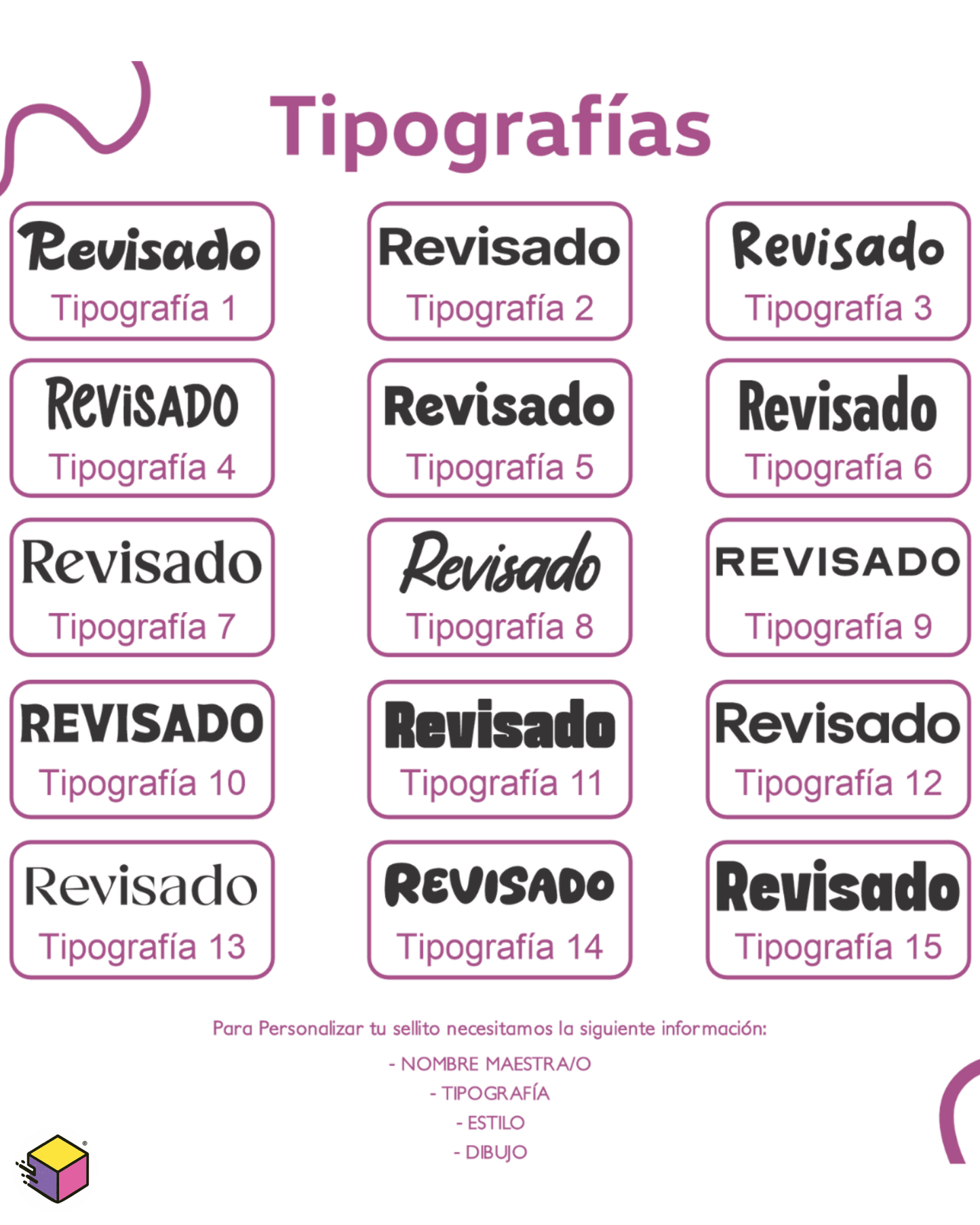 Opciones de tipografías para personalizar sellos escolares para maestros.