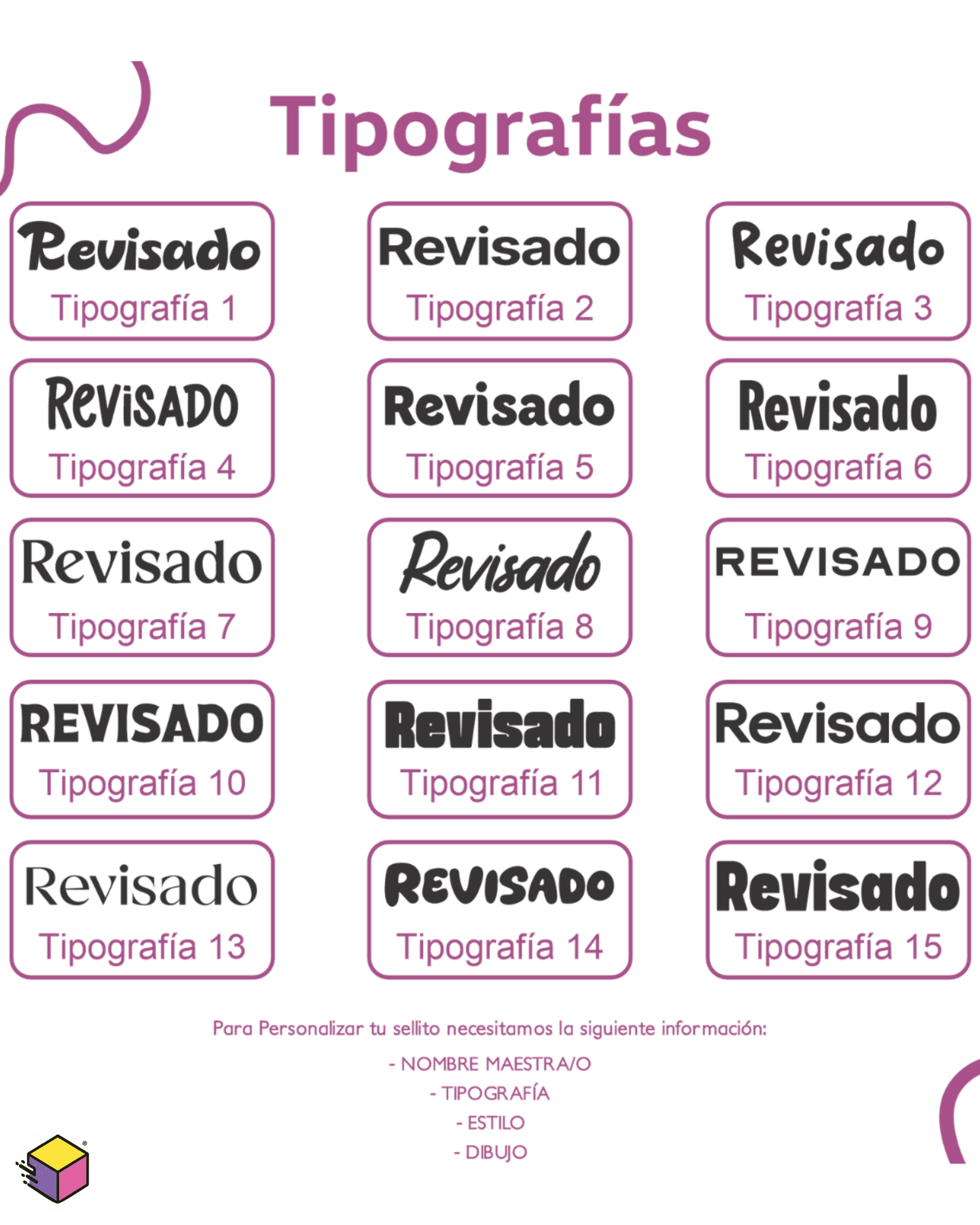 Opciones de tipografías para personalizar sellos escolares para maestros.