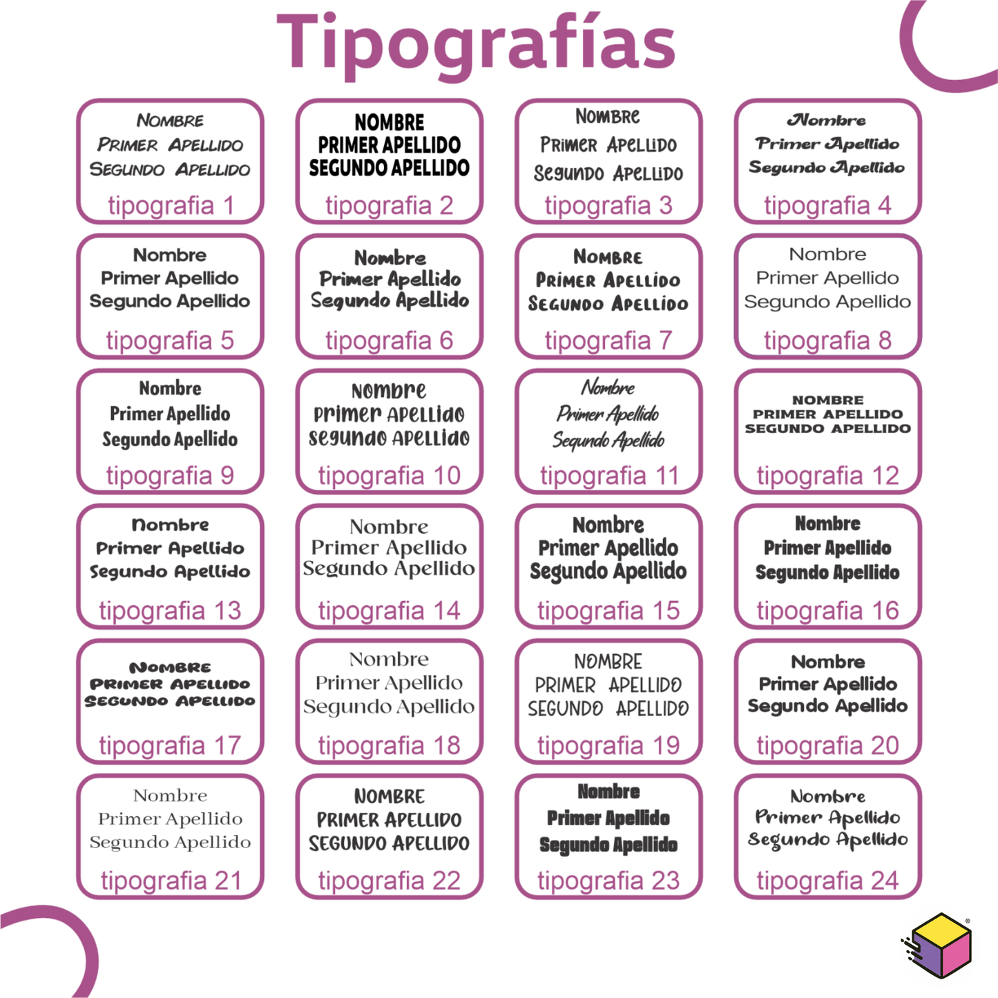 “Catálogo de tipografías disponibles para personalizar sello para ropa infantil.”