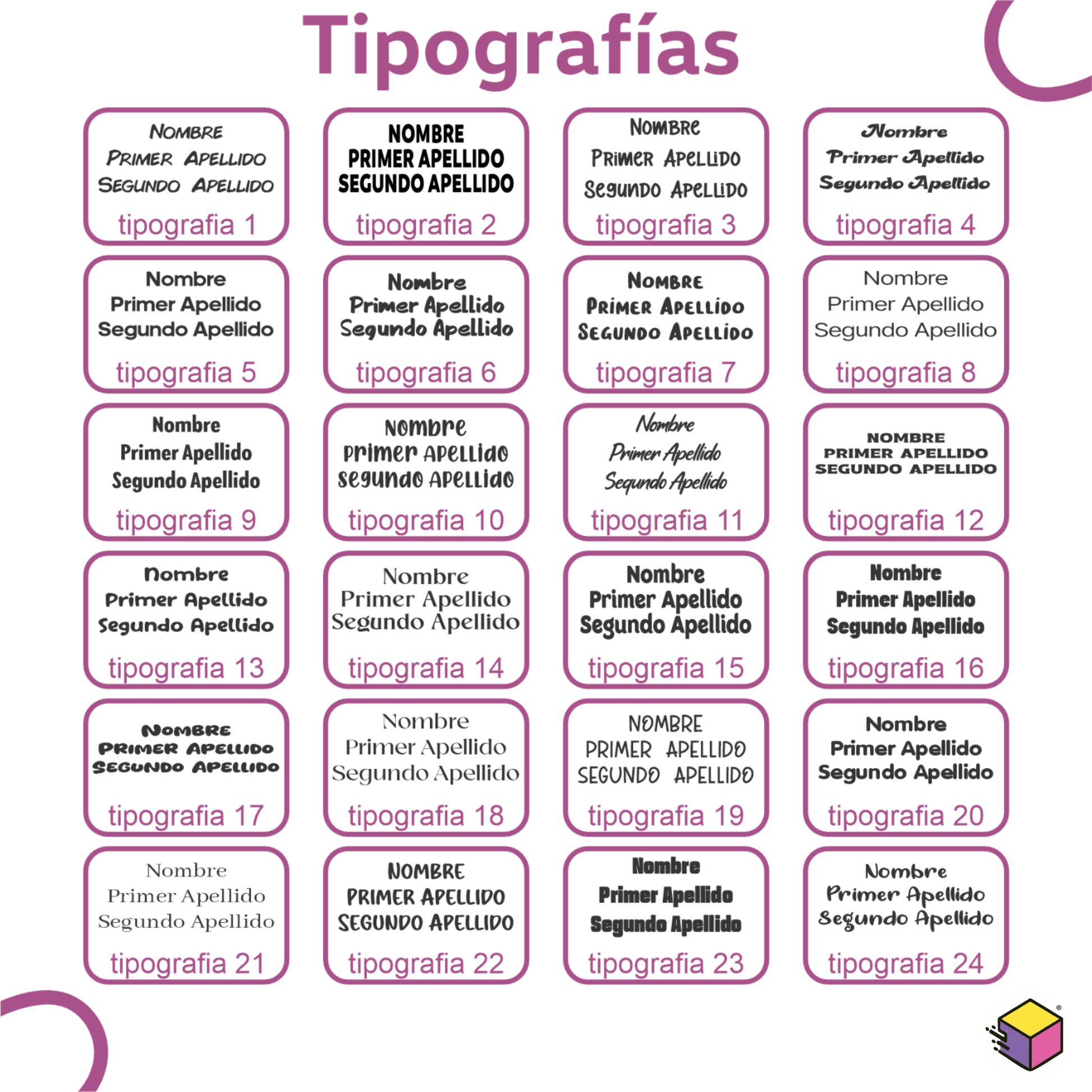 “Catálogo de tipografías disponibles para personalizar sello para ropa infantil.”