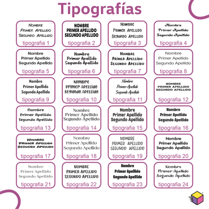 “Catálogo de tipografías disponibles para personalizar sello para ropa infantil.”