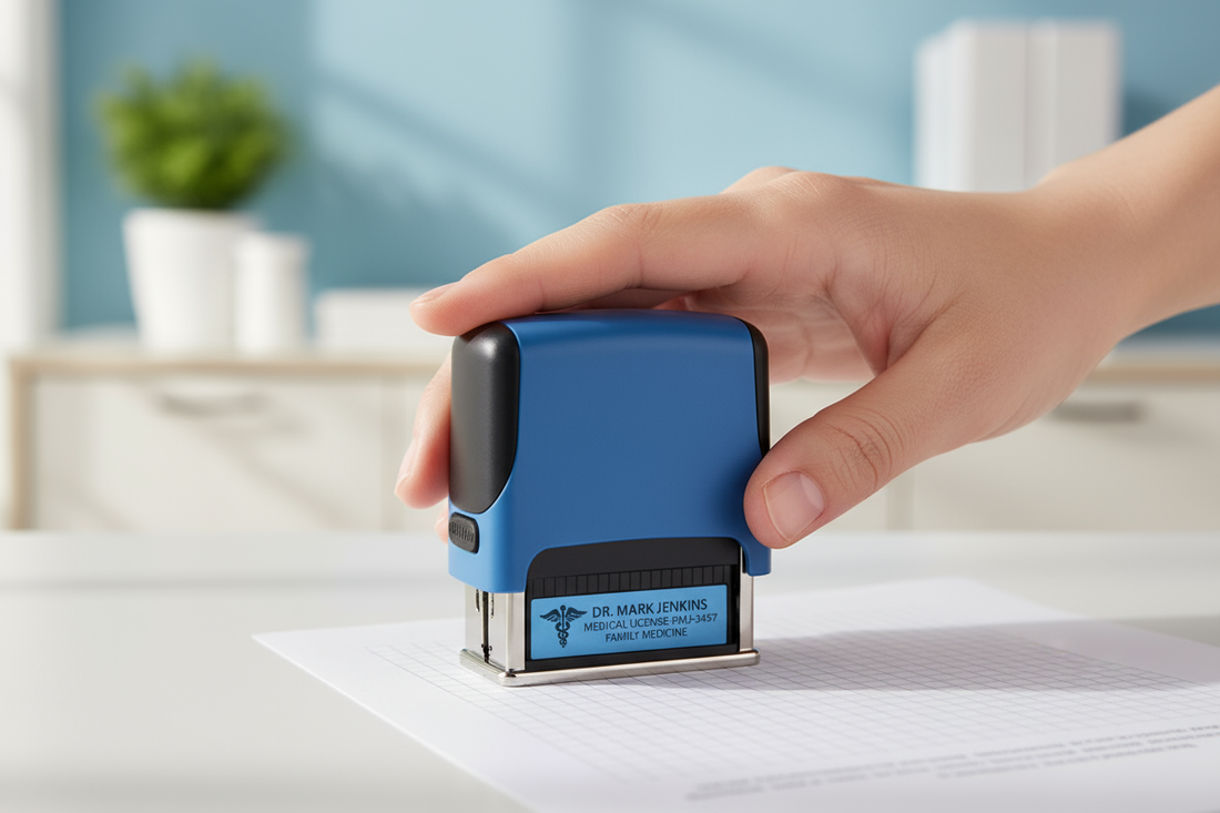 Ultra-realistic close-up photo of a compact blue and black portable doctor stamp being pressed by a hand on a white medical document. The stamp has a professional modern design, small and ergonomic. Clean medical office background with pastel blue and cream tones, natural daylight, realistic materials and shadows, high detail. The photo should look like a real e-commerce product photo for a premium stamp brand. --ar 1:1 --v 6 --style raw --q 2 --s 250 --photorealistic --no oversaturated colors --no cartoon 