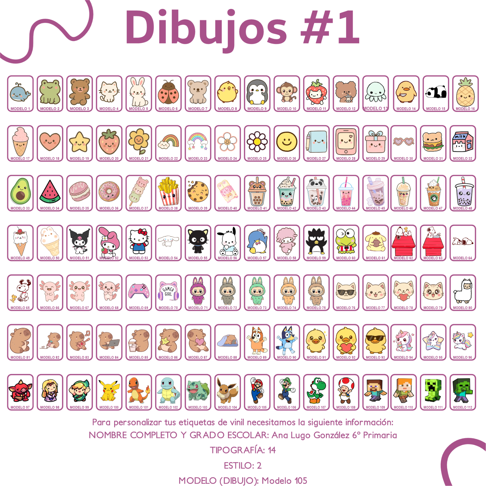 Contenido del paquete WRLD 104 Silueta con etiquetas de diferentes tamaños