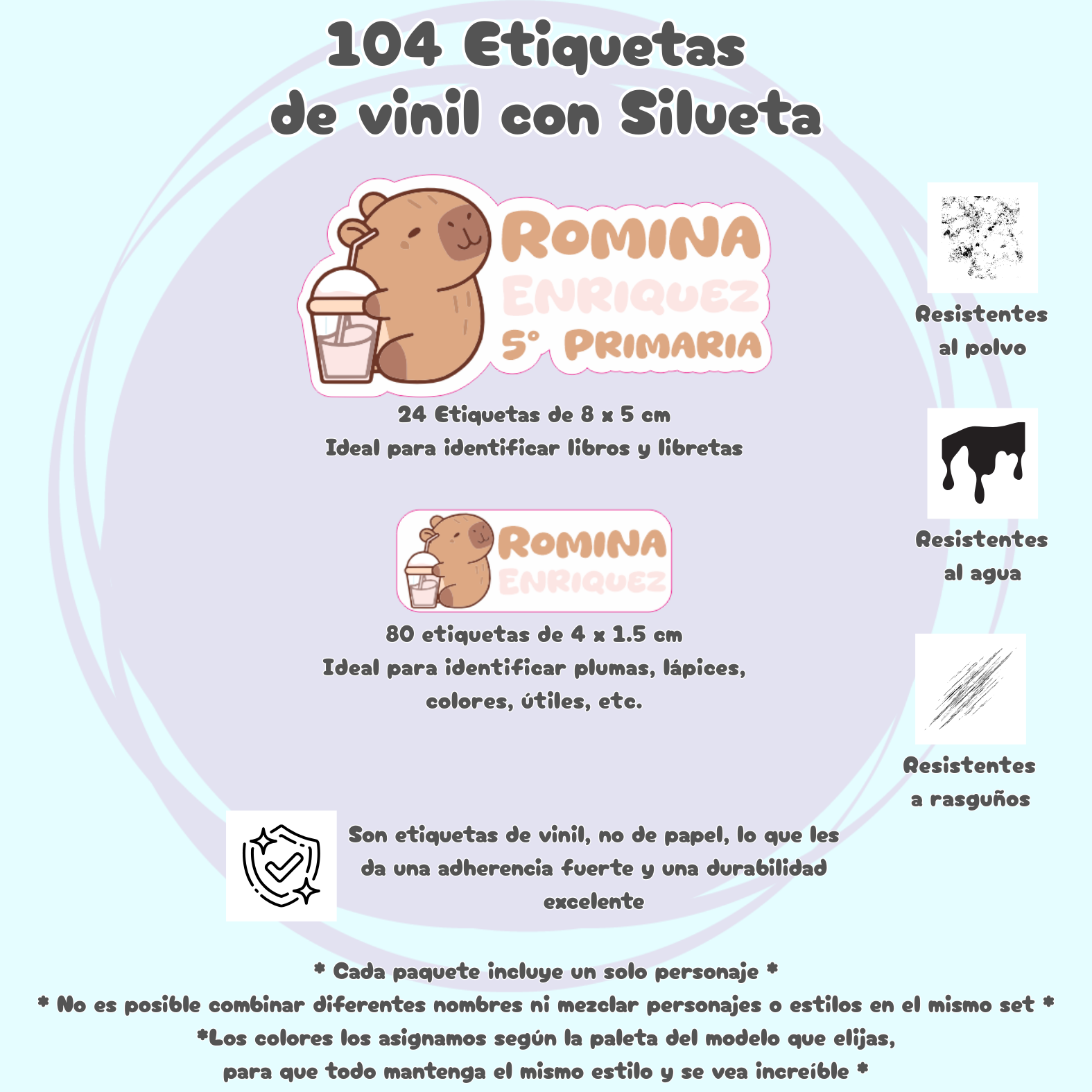 Etiquetas WRLD Silueta aplicadas en cuadernos y libros escolares