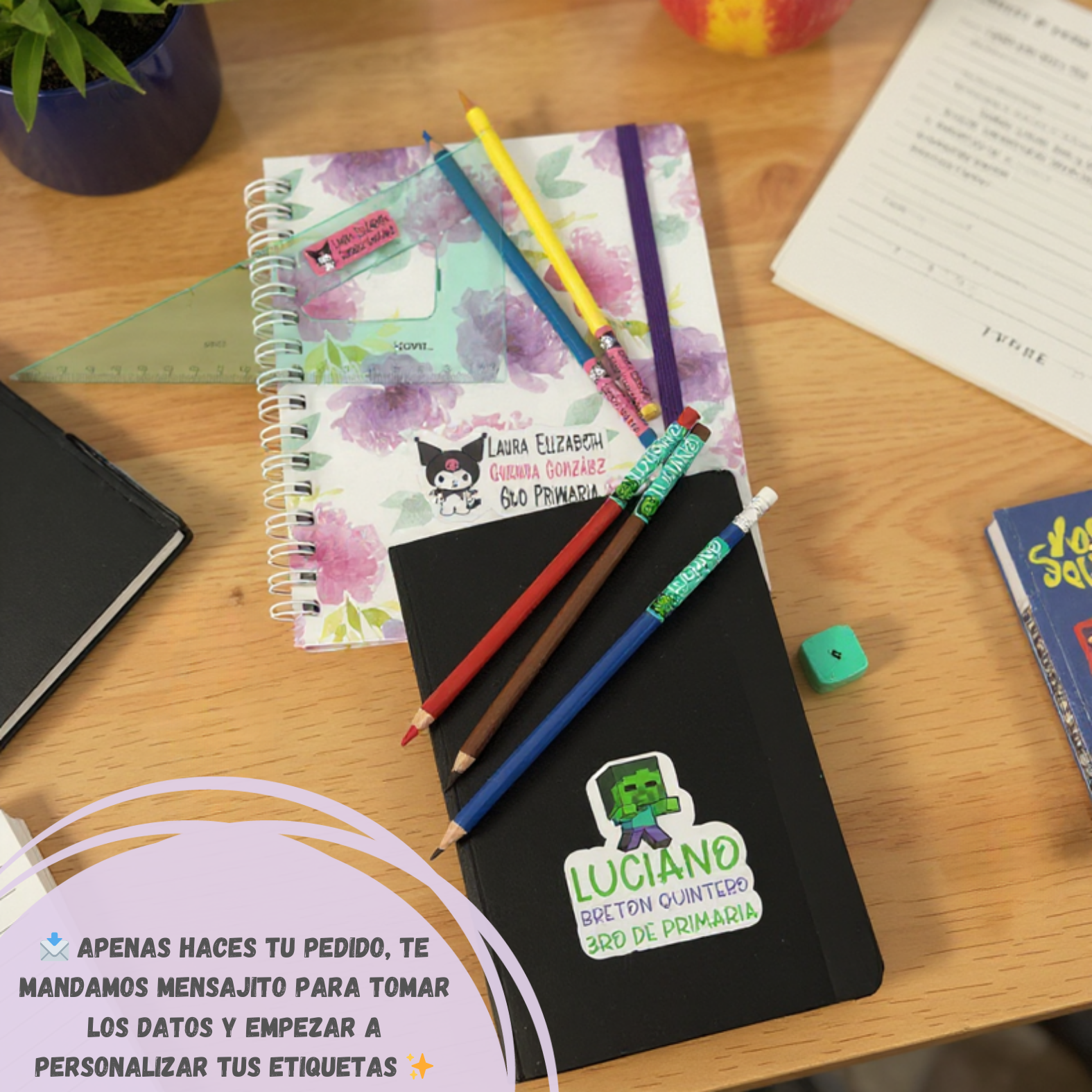 Detalle de etiquetas WRLD Silueta personalizadas en lápices y colores