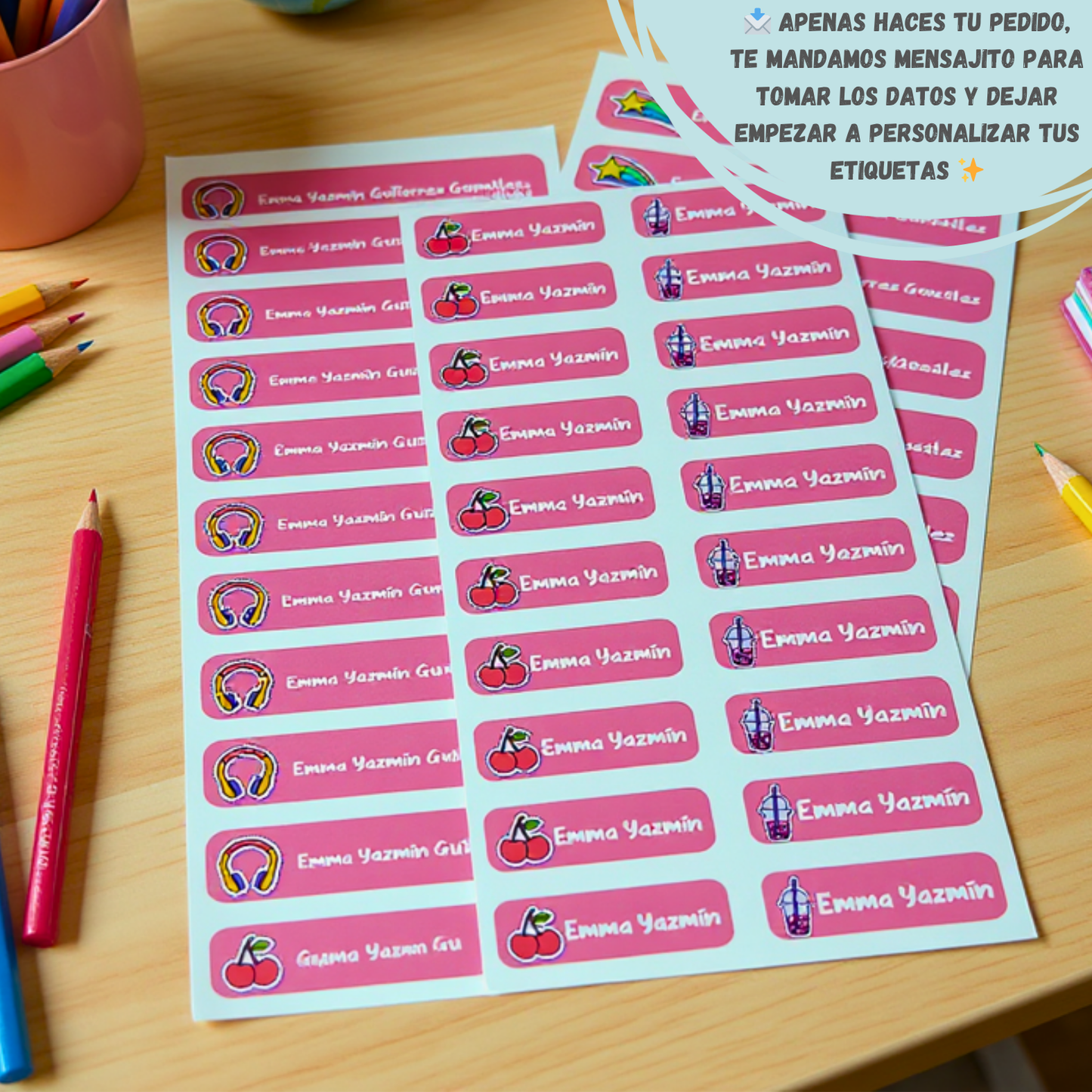 Detalle de etiquetas WRLD Paquete Clásico en lápices y colores