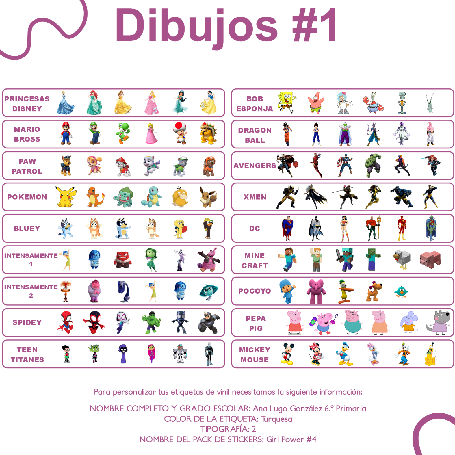 Vista flat lay de las 139 etiquetas escolares WRLD Movies & TV desplegadas