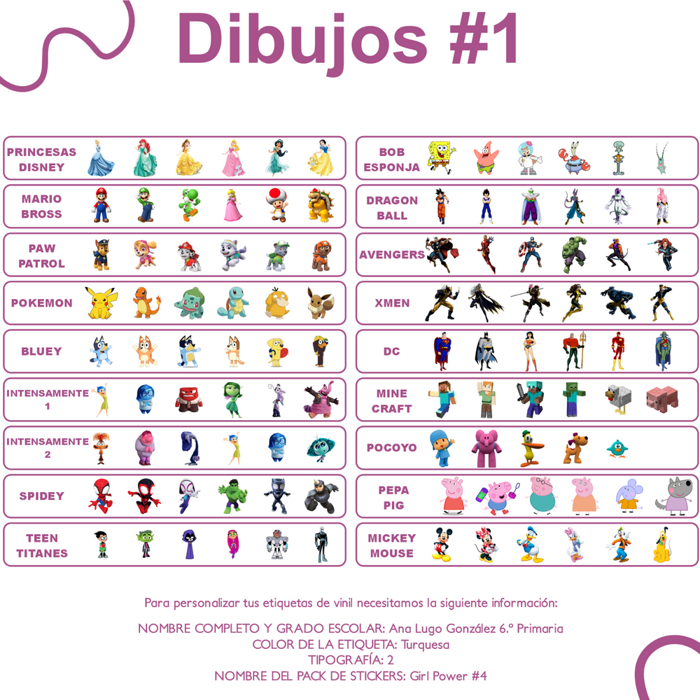 Vista flat lay de las 139 etiquetas escolares WRLD Movies & TV desplegadas