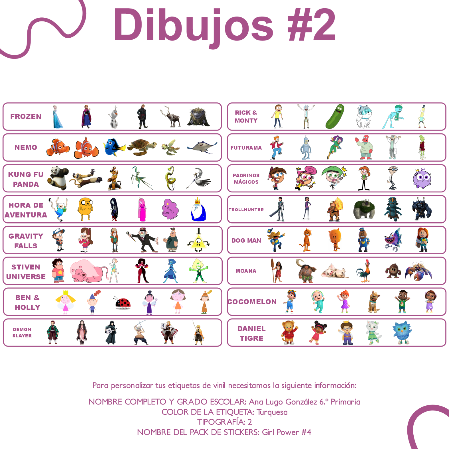 Etiquetas WRLD Movies & TV personalizadas con nombre y tipografía elegida