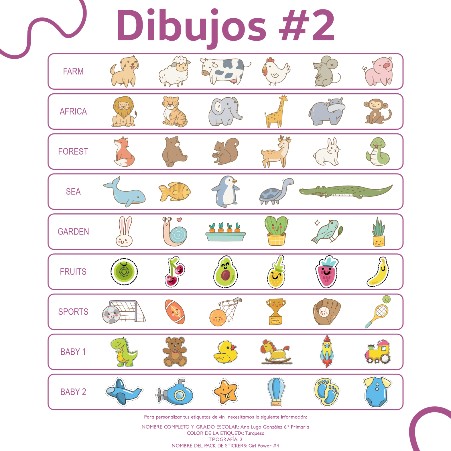 Etiquetas escolares WRLD Paquete Clásico personalizadas con nombre y tipografía