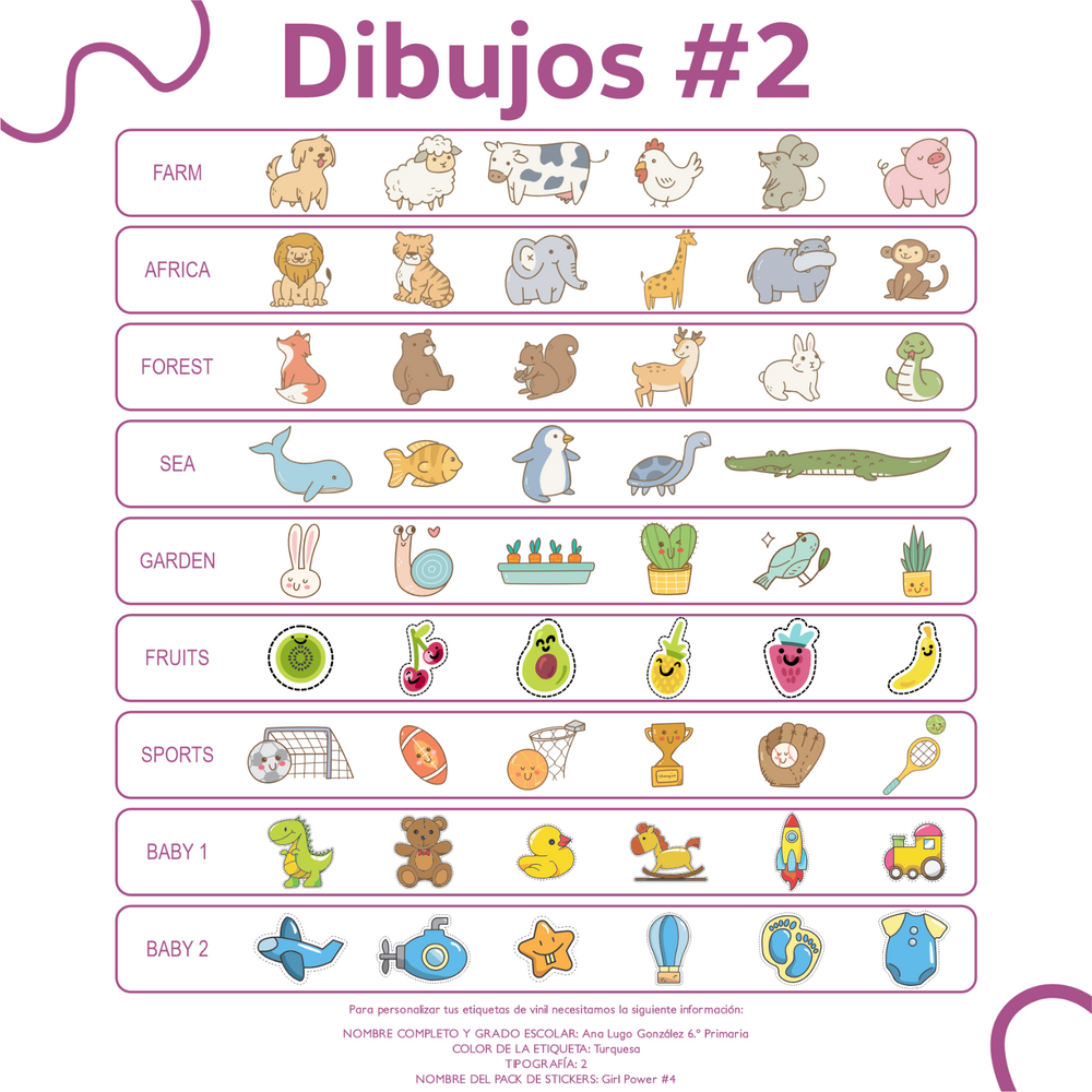 Etiquetas escolares WRLD Paquete Clásico personalizadas con nombre y tipografía